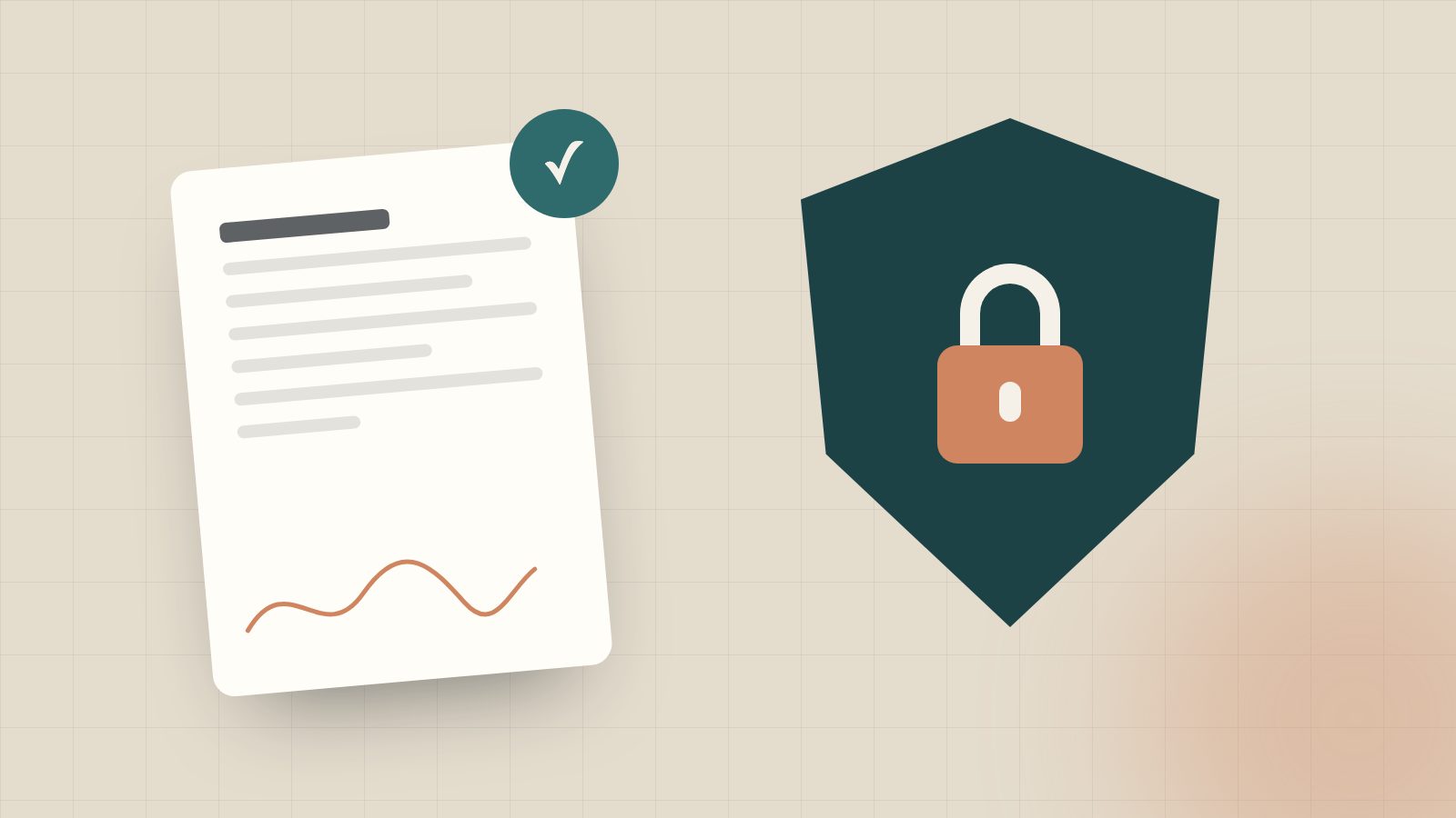 Illustration of a shield with a lock next to a signed document