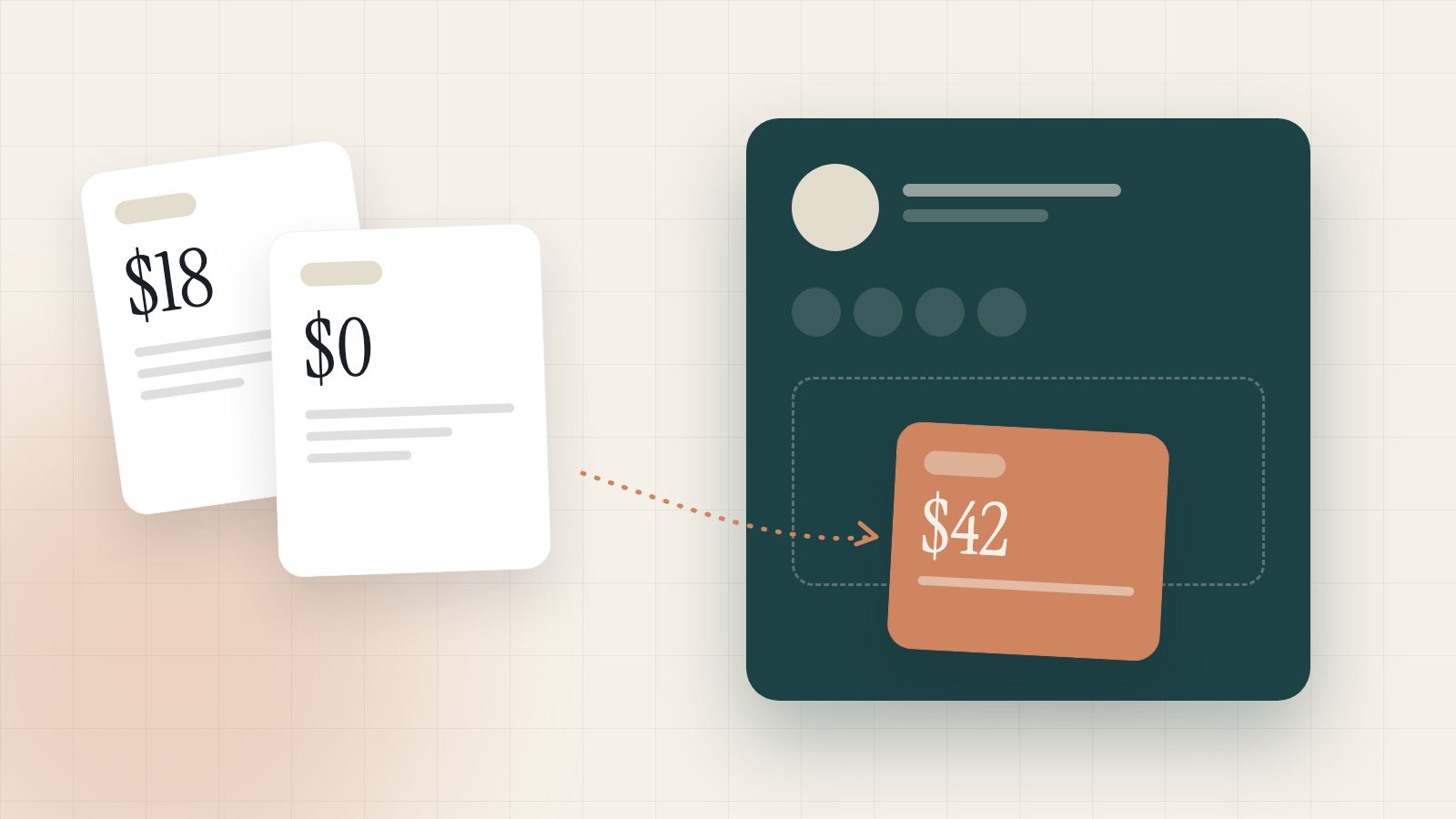 Illustration of three plan cards sliding into a client profile inside a connected workspace