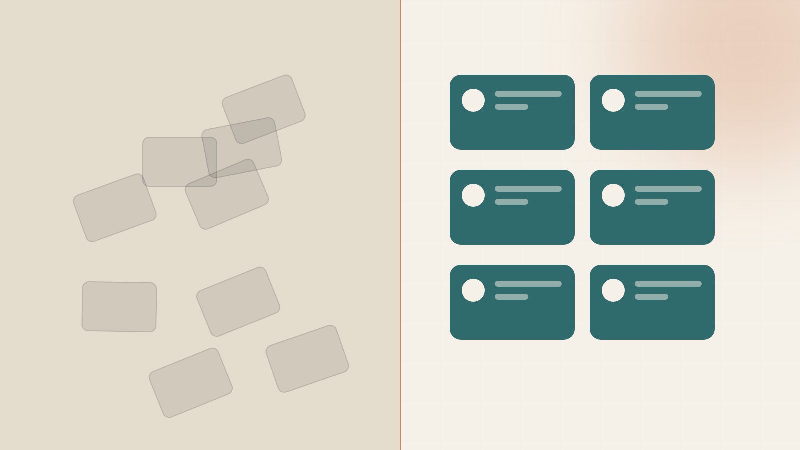 Illustration split in two: loose grey boxes on one side and organized petrol cards on the other